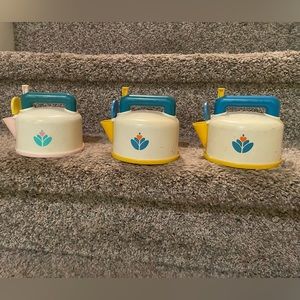 3 Vintage Fisher Price Whistling Tea Pot 1987 Kitchen Toys Kettle Made USA WORK